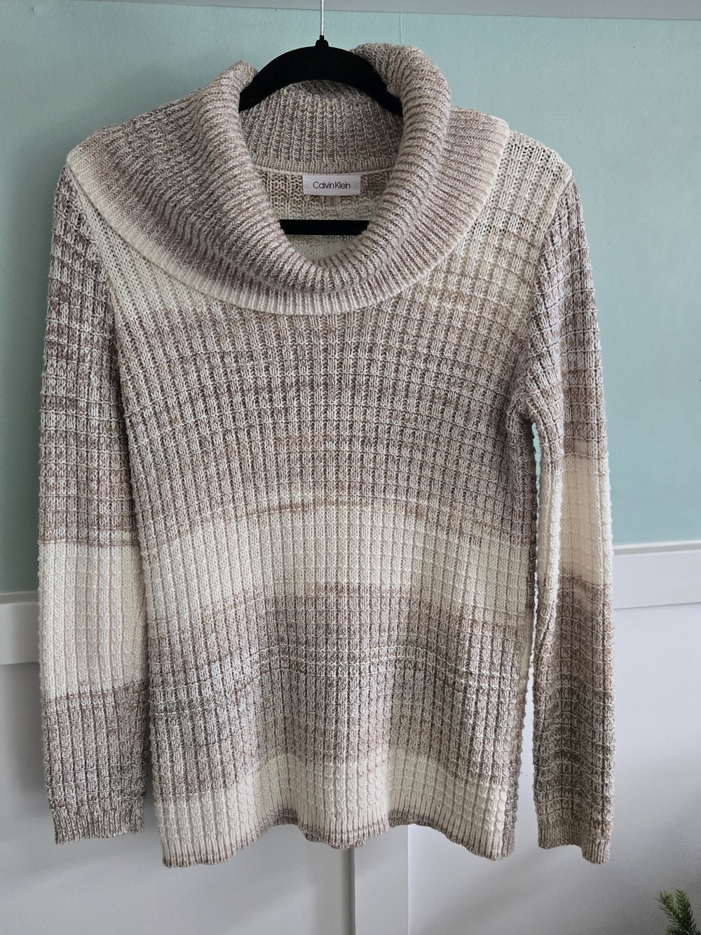 Calvin Klein Knit Cowl Neck Sweater in Taupe and Cream Stripes Size Med